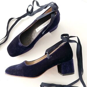 Blue Velvet Square Toe Mary Jane Pumps Ankle Ribbon Wedding‎ Bridal Shoes 8.5